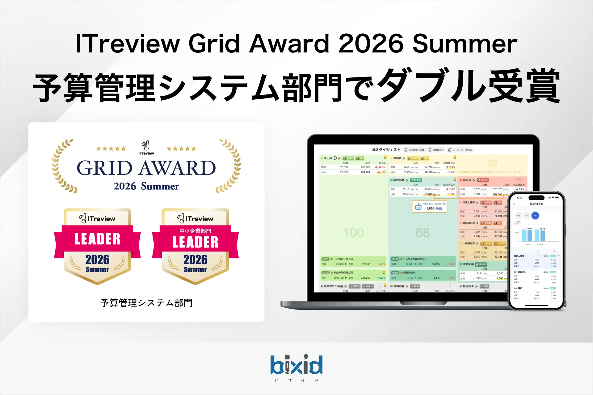 経営支援クラウド「bixid」、「ITreview Grid Award 2026 Summer」予算管理システム部門で「Leader」を受賞